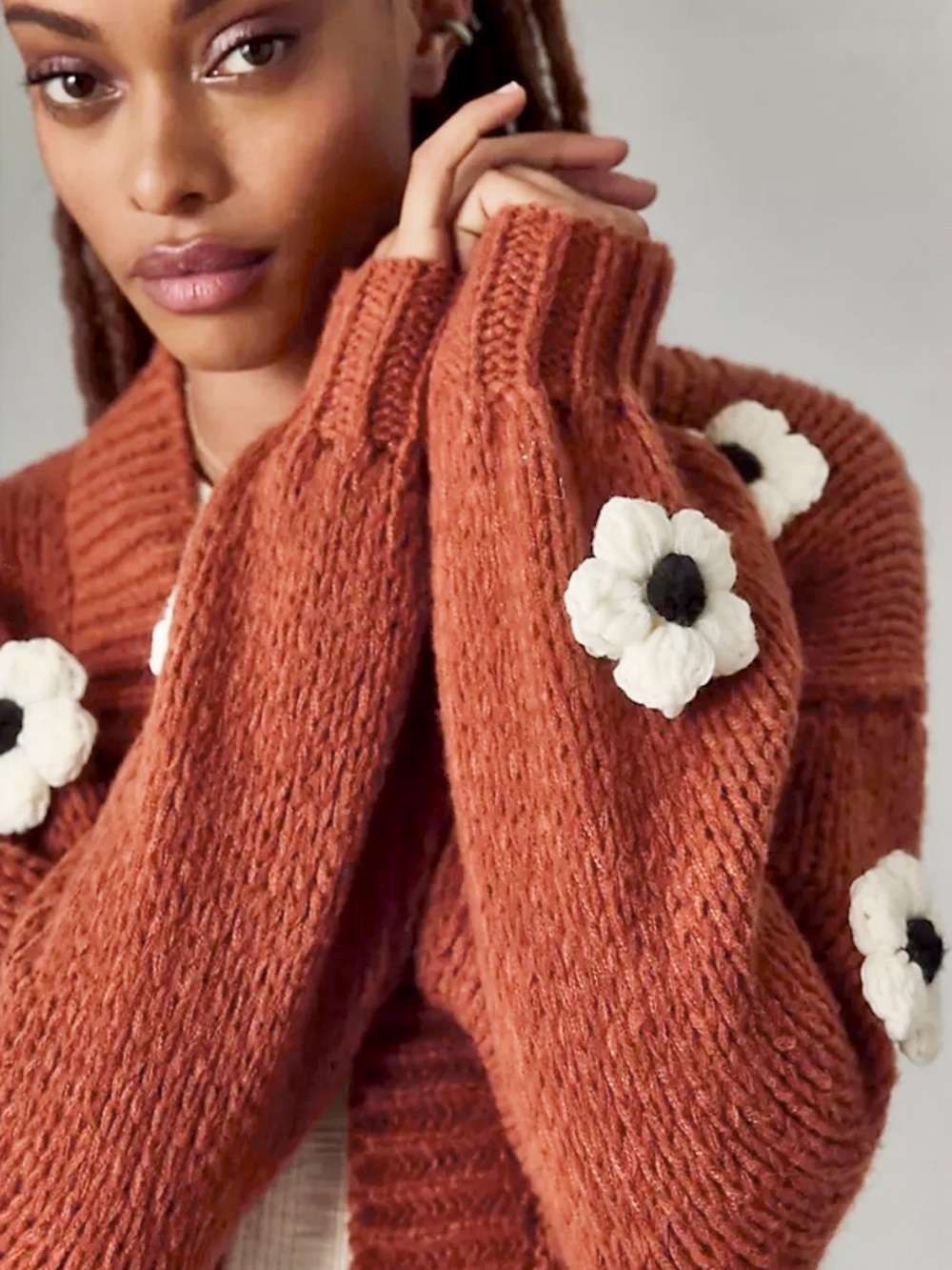 Maeve by Anthropologie Susannah 3D Flower Cardigan Sweater in Dark Rust Orange